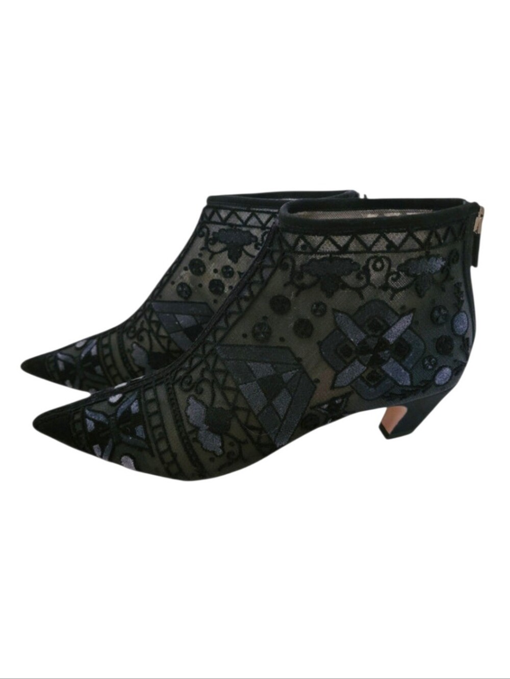 Christian Dior Dioreve Black Embroidered Mesh Velvet Pointed Toe Boots 38 / 8